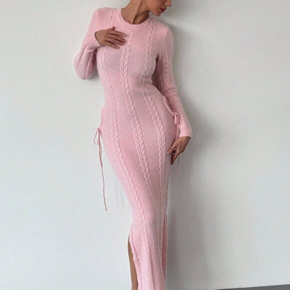 Pink Elegant Women's Warm Cinched Waist Knitted Dress - Picture 1 of 8